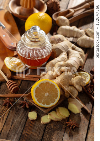 Ingredients for preparing ginger tea. Ingredients for preparing ginger tea. 132647366