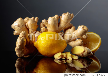 Ginger with lemon on a black background. Ginger with lemon on a black background. 132647377