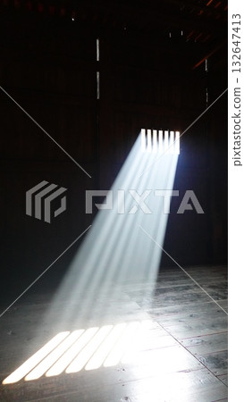 Sunlight streaming straight through the lattice window of an old house (2945) 132647413
