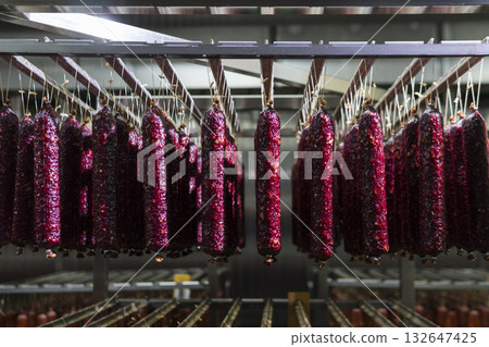 Smoked sausage production line in the factory 132647425