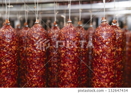 Smoked sausage production line in the factory 132647434