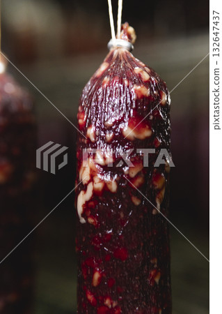 Smoked sausage production line in the factory Smoked sausage production line in the factory 132647437