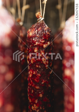 Smoked sausage production line in the factory Smoked sausage production line in the factory 132647438