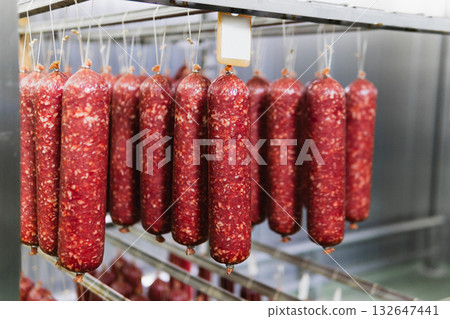 Smoked sausage production line in the factory 132647441