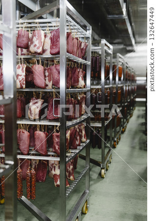 Smoked sausage production line in the factory 132647449