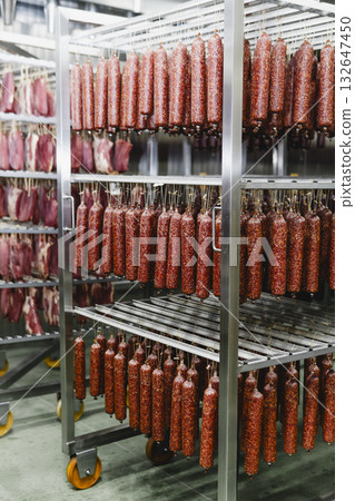 Smoked sausage production line in the factory Smoked sausage production line in the factory 132647450