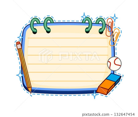 School education notebook kids memo note frame. Schedule vector classes supply label, kid education planner memo note. Scrapbook child learning accessory sticker with pencil, eraser and paperclip School education notebook kids memo note frame. Schedule vector classes supply label, kid education planner memo note. Scrapbook child learning accessory sticker with pencil, eraser and paperclip 132647454