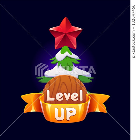 Christmas level up rank, xmas festive game badge with wooden round sign and the words level up on a golden ribbon, snowy fir tree, red star topper and wood emblem. Cartoon vector festive game icon Christmas level up rank, xmas festive game badge with wooden round sign and the words level up on a golden ribbon, snowy fir tree, red star topper and wood emblem. Cartoon vector festive game icon 132647456