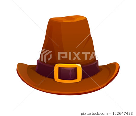 Cartoon pilgrim Thanksgiving hat. Brown felt man autumn cap with brim, leather strap and golden metal buckle. Male fashion costume headdress 132647458