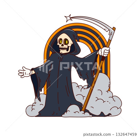 Groovy Halloween grim reaper character with yellow cloak and grey skull face. Funky groovy Halloween skeleton personage holding scythe in fog, smoke and cloud. Vector psychedelic 70s horror icon Groovy Halloween grim reaper character with yellow cloak and grey skull face. Funky groovy Halloween skeleton personage holding scythe in fog, smoke and cloud. Vector psychedelic 70s horror icon 132647459