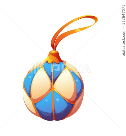 Cartoon traditional Japanese Kimekomi New Year ball with intricate fabric segments in white, blue and gold. Vector festive ornament or cultural gift symbolizing celebration, elegance and tradition Cartoon traditional Japanese Kimekomi New Year ball with intricate fabric segments in white, blue and gold. Vector festive ornament or cultural gift symbolizing celebration, elegance and tradition 132647573
