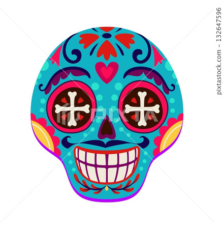 Day of the Dead party happy smiling turquoise calavera sugar skull. Mexican carnival ornate death face, Dia de Los Muertos vector skeleton head. Calavera sugar skull with flowers and crosses in eyes 132647596