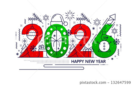 2026 Happy New Year holiday greeting card in vector thin lines. Festive greeting card with outline Christmas tree ornaments, cheerful snowman, snowflakes and gifts, pine branches and Santa hat 2026 Happy New Year holiday greeting card in vector thin lines. Festive greeting card with outline Christmas tree ornaments, cheerful snowman, snowflakes and gifts, pine branches and Santa hat 132647599