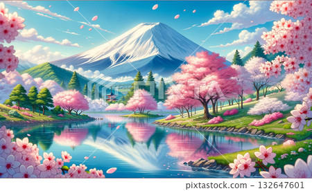 以櫻花、湖泊和富士山為主題的日本春季自然風光插畫。 132647601