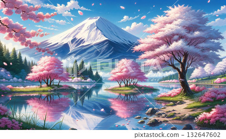 富士山和盛開的櫻花水彩畫。日本春日景色。 132647602