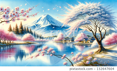 富士山與盛開的櫻花。水彩插畫。日本春日景色 132647604