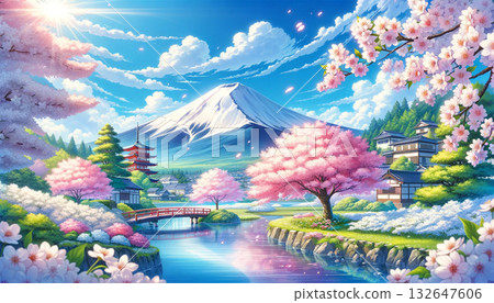日本春日景色，富士山與盛開的櫻花盡收眼底。水彩畫 132647606