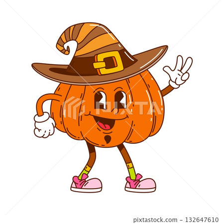 Groovy Halloween pumpkin character in witch hat with happy face. Funky retro personage with positive autumn vibe. Vector icon for for seasonal harvest festival 132647610