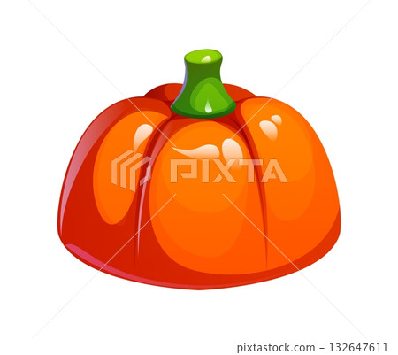 Cartoon Halloween jelly pumpkin sweet dessert in bright orange color with glossy sugar surface. Vector cute gelatin candy shaped like pumpkin with green stem for holiday treats and Halloween party 132647611