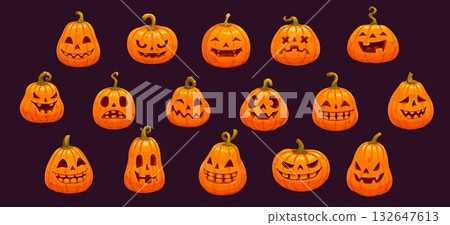 Cartoon Halloween carved jack o lantern vector pumpkin with orange shiny skin, funny and spooky faces. Happy or angry, spooky and scary, surprised and comical expressions on Halloween pumpkin faces Cartoon Halloween carved jack o lantern vector pumpkin with orange shiny skin, funny and spooky faces. Happy or angry, spooky and scary, surprised and comical expressions on Halloween pumpkin faces 132647613