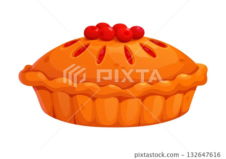 Cartoon cranberry pie crispy orange crust, Thanksgiving day food. Traditional autumn homemade vector cake with berries. Cozy fall harvest sweet dessert with dough cap 132647616