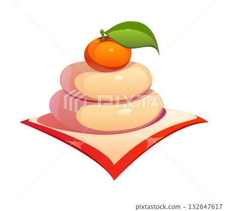 Japanese New Year food called kagami mochi, consisting of two stacked rice cakes topped with a mandarin. Isolated cartoon vector traditional treat symbolizing prosperity, longevity and family heritage Japanese New Year food called kagami mochi, consisting of two stacked rice cakes topped with a mandarin. Isolated cartoon vector traditional treat symbolizing prosperity, longevity and family heritage 132647617