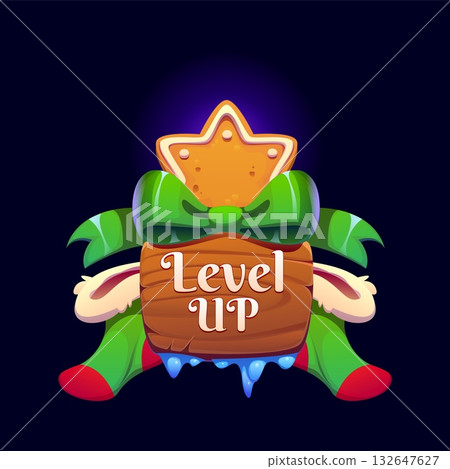 Christmas level up rank, xmas game reward icon featuring wooden board, ribbon bow, star cookie, snow icicles and elf costume. Cartoon vector festive game badge, seasonal achievement, holiday reward Christmas level up rank, xmas game reward icon featuring wooden board, ribbon bow, star cookie, snow icicles and elf costume. Cartoon vector festive game badge, seasonal achievement, holiday reward 132647627