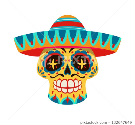 Day of the Dead party wearing sombrero yellow calavera sugar skull. Dia de Los Muertos carnival calavera sugar skull, Day of the Dead vector death face, ornate skeleton head with mariachi musician hat Day of the Dead party wearing sombrero yellow calavera sugar skull. Dia de Los Muertos carnival calavera sugar skull, Day of the Dead vector death face, ornate skeleton head with mariachi musician hat 132647649