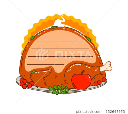 Thanksgiving celebration cooked turkey kids memo note template. Child diary vector autumn season sticker, scrapbook frame. Happy Thanksgiving day celebration kids memo note with baked turkey on plate 132647653