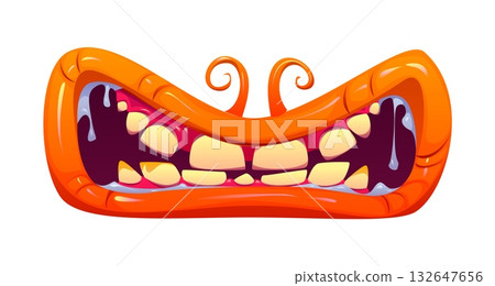 Cartoon Halloween monster vector mouth. Wide orange monster mouth with glossy lips, yellow teeth, pink gums, strings of saliva dripping from the corners. Halloween emoji, monster character jaws Cartoon Halloween monster vector mouth. Wide orange monster mouth with glossy lips, yellow teeth, pink gums, strings of saliva dripping from the corners. Halloween emoji, monster character jaws 132647656
