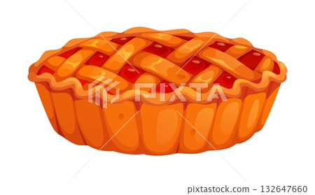 Cartoon apple pie, Thanksgiving day. Traditional autumn homemade vector cake with cinnamon spice. Fall berry pie and sweet dessert with dough grid Cartoon apple pie, Thanksgiving day. Traditional autumn homemade vector cake with cinnamon spice. Fall berry pie and sweet dessert with dough grid 132647660