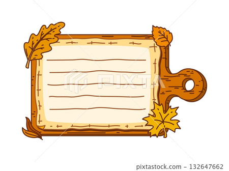 Thanksgiving kids memo note or paper sticker frame with autumn leaves, vector diary paper page. Kids memo note or message post planner and daily plan list with Thanksgiving fall leaves on wooden board 132647662