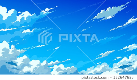 Cartoon blue anime manga sky background filled with layered clouds in motion and sun lights. Vector anime manga sunny summer day sky nature landscape with cumulus clouds floating in clear blue air Cartoon blue anime manga sky background filled with layered clouds in motion and sun lights. Vector anime manga sunny summer day sky nature landscape with cumulus clouds floating in clear blue air 132647683