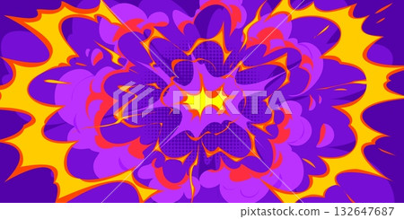 Anime manga background with Halloween purple, orange, red and blue comics explosion burst clouds game effect. Cartoon vector pop art impact with motion lines and halftone effect, energetic blast boom 132647687