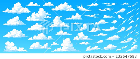 Cartoon anime manga sky white clouds set on summer sunny day blue heaven vector background. Fluffy white cumulus, shiny clouds and curved stratus smoke. Anime cloudy sky, manga comic cloudscape Cartoon anime manga sky white clouds set on summer sunny day blue heaven vector background. Fluffy white cumulus, shiny clouds and curved stratus smoke. Anime cloudy sky, manga comic cloudscape 132647688