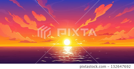 Cartoon anime sunset sky and sea landscape vector background of setting sun below ocean water horizon with pink clouds. Anime manga comic book sunset sky background, sea nature and evening beach scene Cartoon anime sunset sky and sea landscape vector background of setting sun below ocean water horizon with pink clouds. Anime manga comic book sunset sky background, sea nature and evening beach scene 132647692