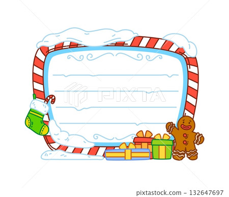 Christmas gifts snow and sweets kids memo note frame. Winter season scrapbook vector frame, New Year diary memo note. Christmas holiday kids planner with snow, stocking sock, giftbox and cookie man 132647697