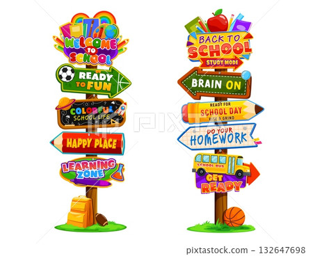 School sign boards, education signages. Vector wooden poles stacked with cartoon arrow boards, pencils, notebooks, globe, apple and bus. Welcome back to school sign boards set with student supplies 132647698
