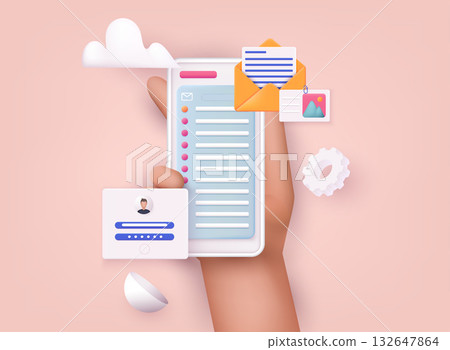 Hand holding mobile smart phone with mail app. Mail service concept. Hand holding mobile smart phone with mail app. Mail service concept. 132647864