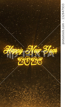 Vertical golden Happy New Year 2026 text glowing with snow and falling particles. Luxurious festive composition in warm gold light for Christmas greetings and seasonal designs. Vertical golden Happy New Year 2026 text glowing with snow and falling particles. Luxurious festive composition in warm gold light for Christmas greetings and seasonal designs. 132647933