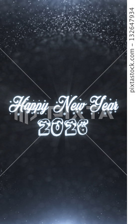 Minimal white Happy New Year 2026 glowing text with soft snowfall and elegant sparkle. Clean modern winter composition with snow particles and light atmosphere. 132647934