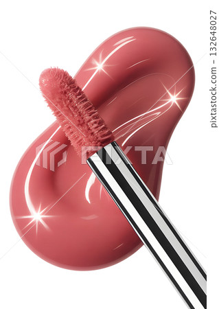 Elegant cosmetic product, glossy pink lip gloss wand and smooth, creamy swatch, perfectly isolated for beauty blogs, packaging, social media posts 132648027
