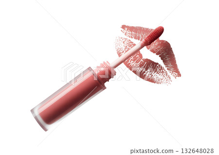 Pink lip gloss with applicator wand and kiss mark print, isolated on transparent background for beauty, cosmetic and makeup concepts 132648028