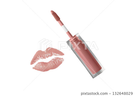 Pink lip gloss with applicator wand and kiss mark print, isolated on transparent background for beauty, cosmetic and makeup concepts Pink lip gloss with applicator wand and kiss mark print, isolated on transparent background for beauty, cosmetic and makeup concepts 132648029