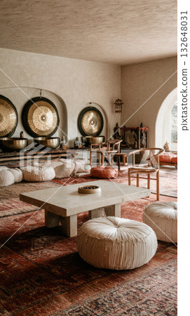 A tranquil sound therapy room featuring large gongs arranged on the wall, comfortable seating, and a soothing atmosphere perfect for relaxation and meditation sessions 132648031