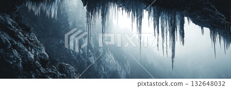 Stalactites of ice dangle from the roof of a cave, reflecting cold blue tones. The ground is rocky, creating a chilly winter scene filled with natural beauty, banner 132648032