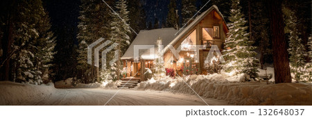 A cozy cabin stands in a snowy setting, adorned with glowing string lights. The starry night sky adds to the serene winter atmosphere, inviting warmth and comfort, banner 132648037