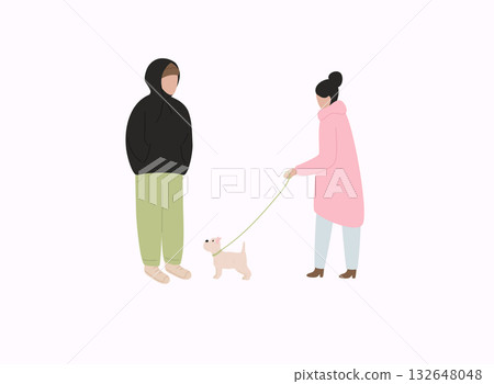 Couple with dog in warm clothes flat vector illustrations. Winter season outdoor date. 132648048