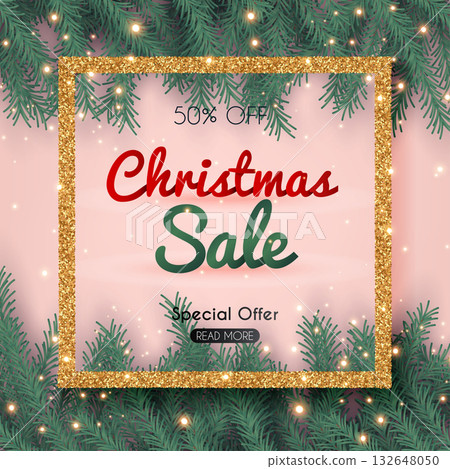 Christmas sale banner in a frame of gold glitter with snowflakes. Poster, Flyer. Blurred background. Vector illustration. 132648050