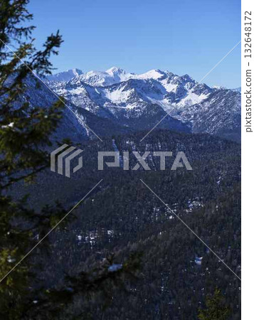 Snowy mountain peaks rise above dense evergreen forests on a clear day in the wilderness 132648172